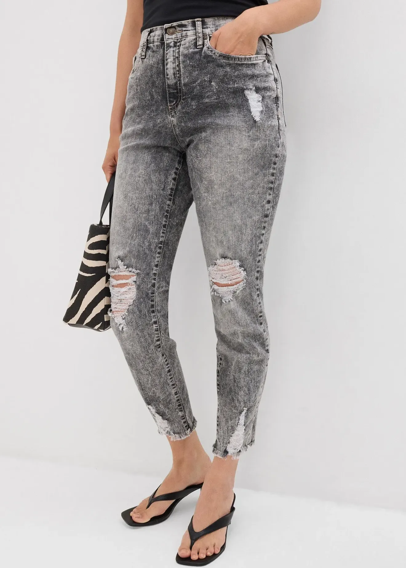 bonprix Jean Mom taille haute avec effets destroy|Femme Jeans