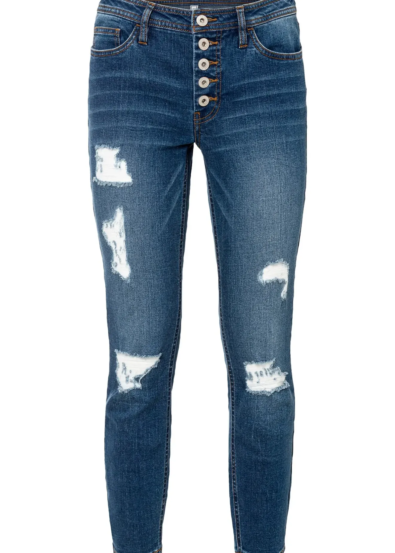 Femme bonprix Jeans|Jean skinny taille mi-haute, effets destroy