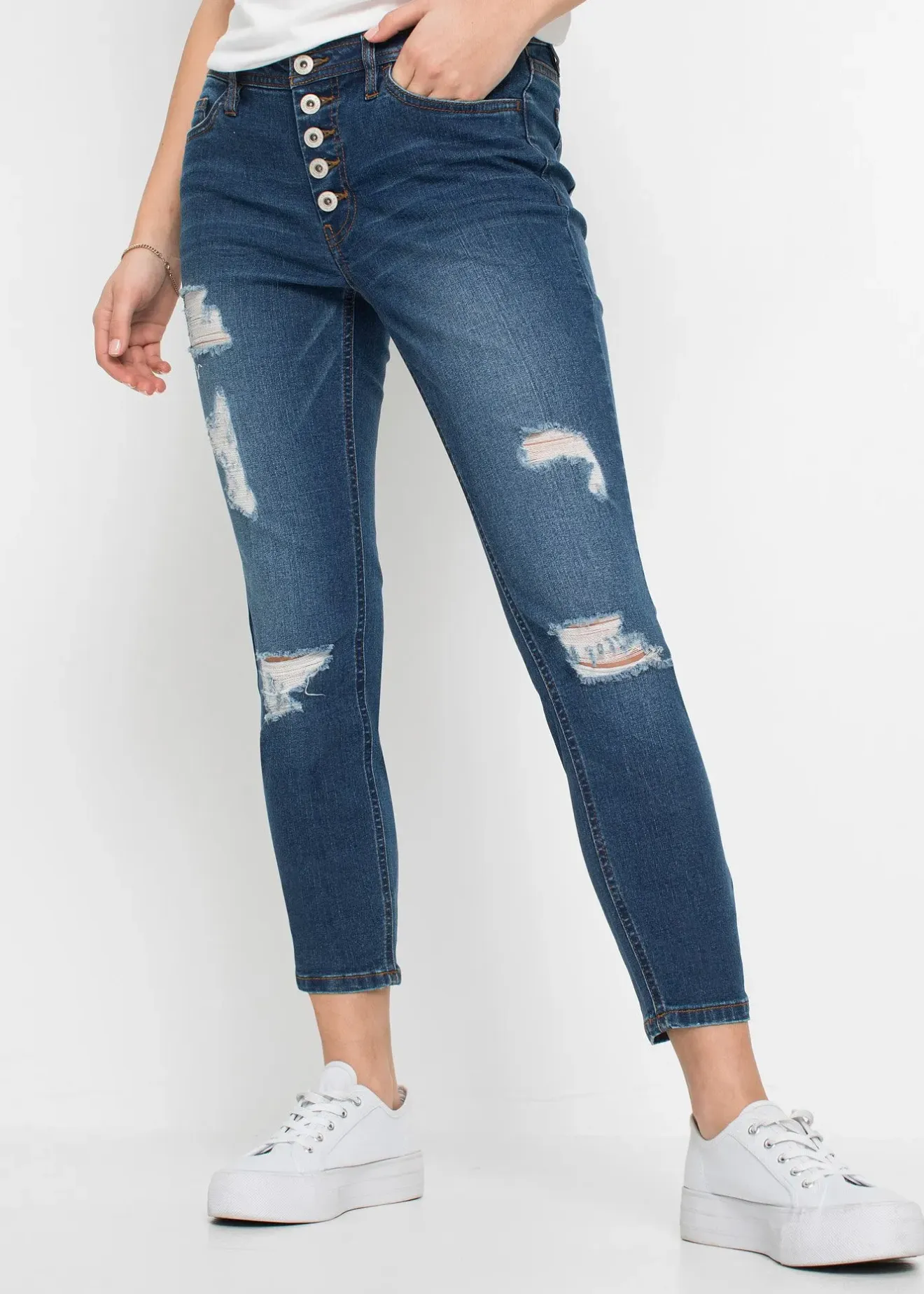 Femme bonprix Jeans|Jean skinny taille mi-haute, effets destroy