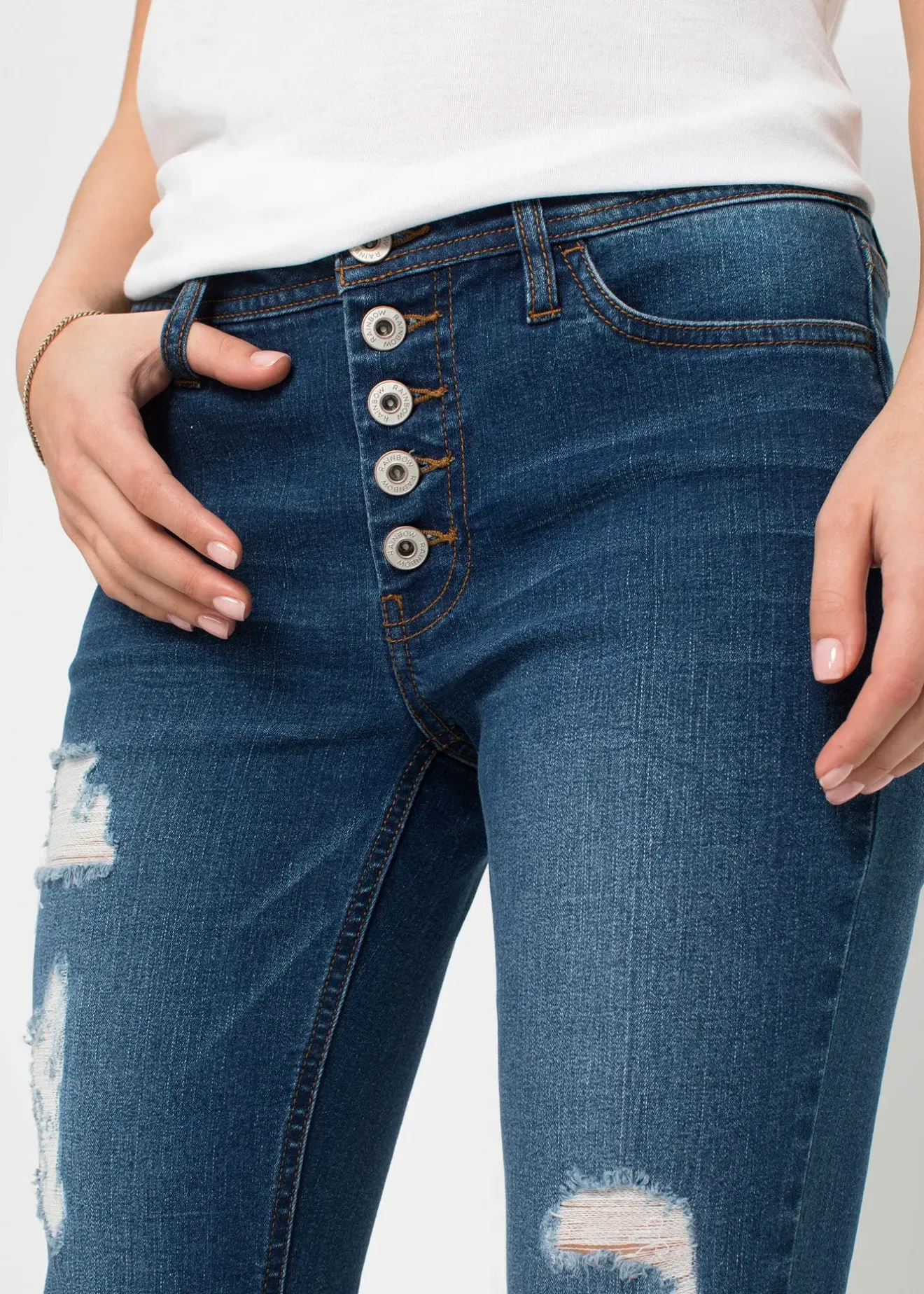 Femme bonprix Jeans|Jean skinny taille mi-haute, effets destroy