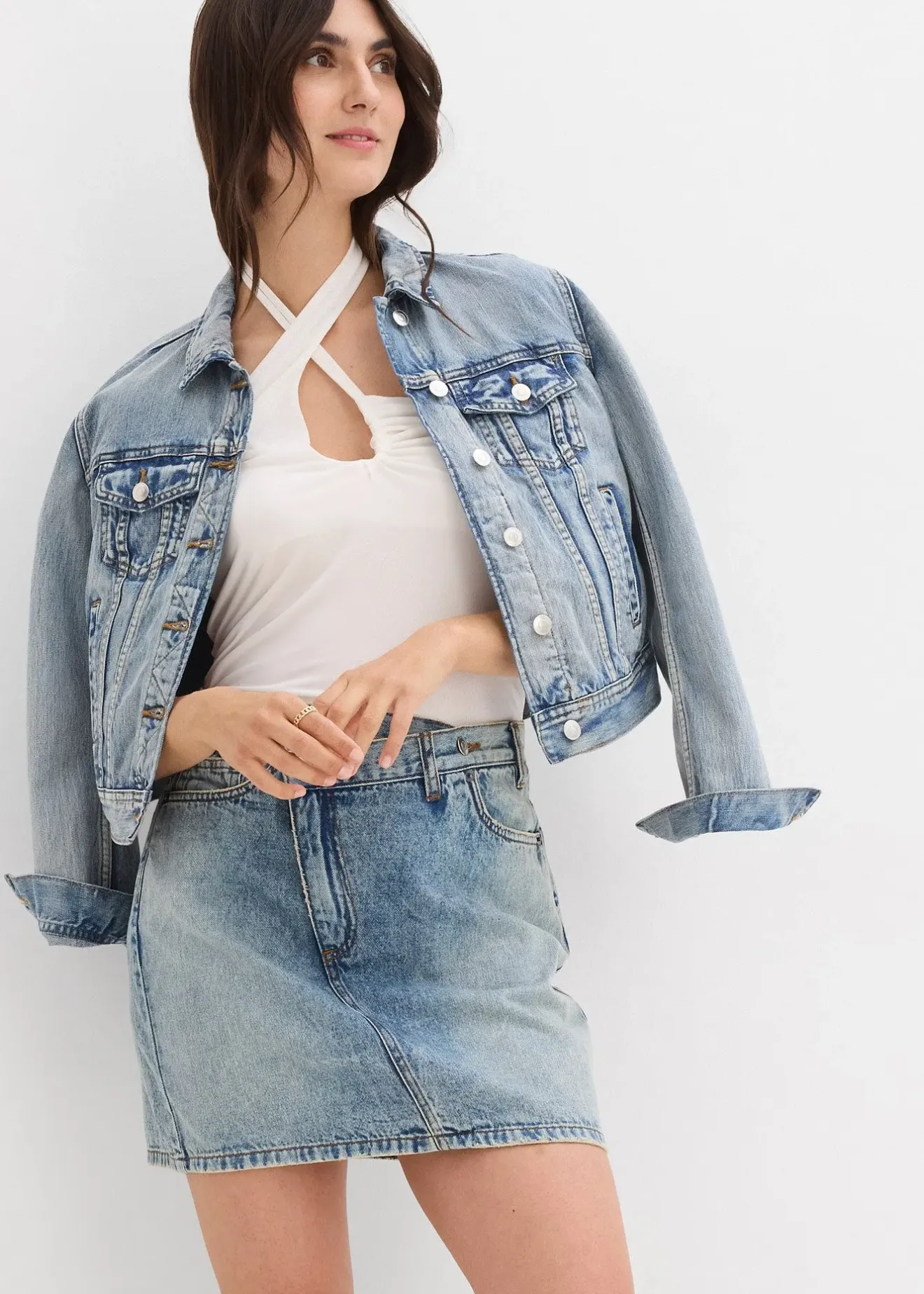 Femme bonprix Jupes|Jupe en jean à fermeture décalée asymétrique