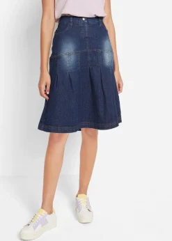 bonprix Jupe en jean avec plis religieuse et taille confortable, trapèze|Femme Jupes