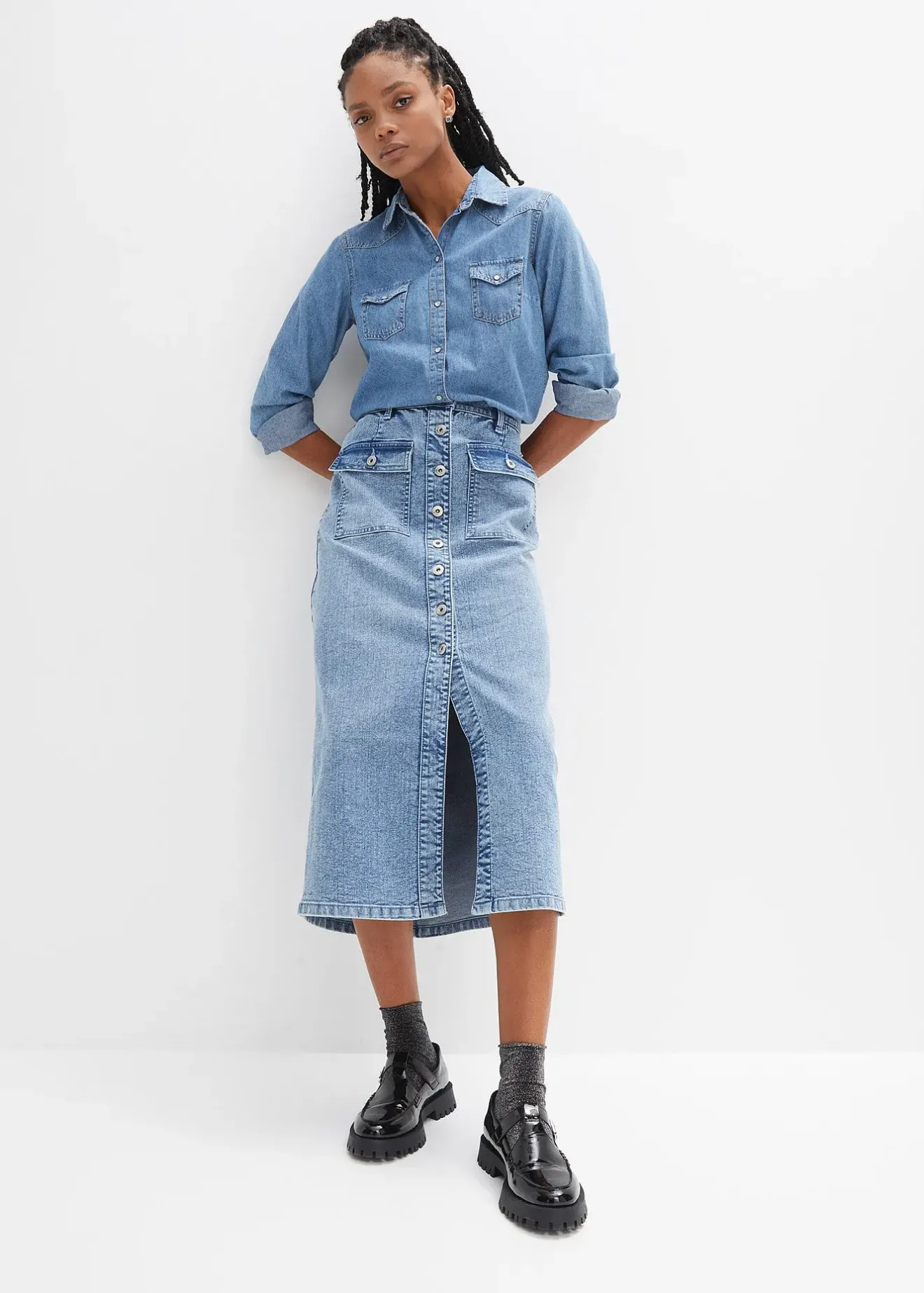 bonprix Jupe en jean avec poches plaquées|Femme Jupes