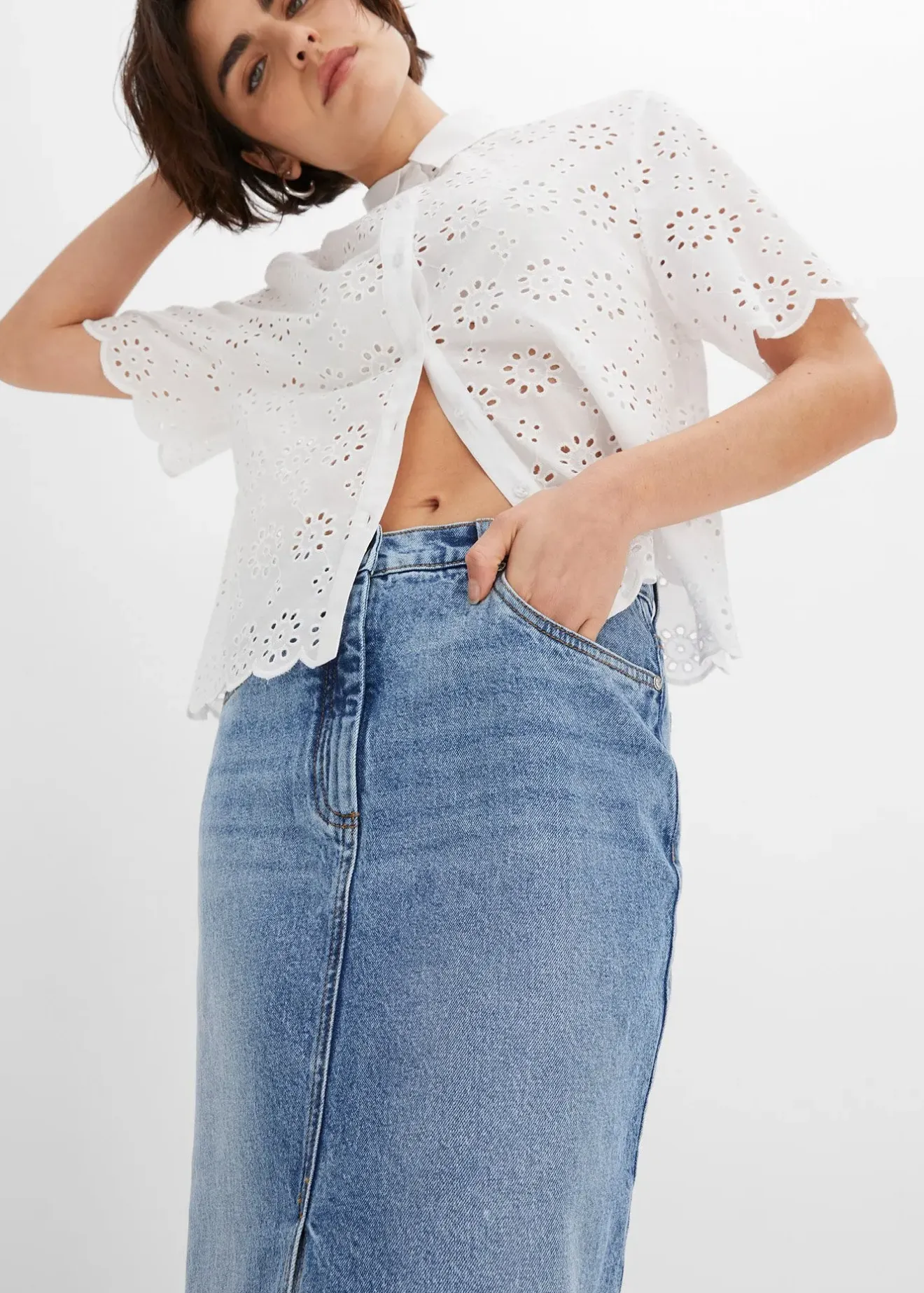 Femme bonprix Jupes|Jupe en jean fendue devant