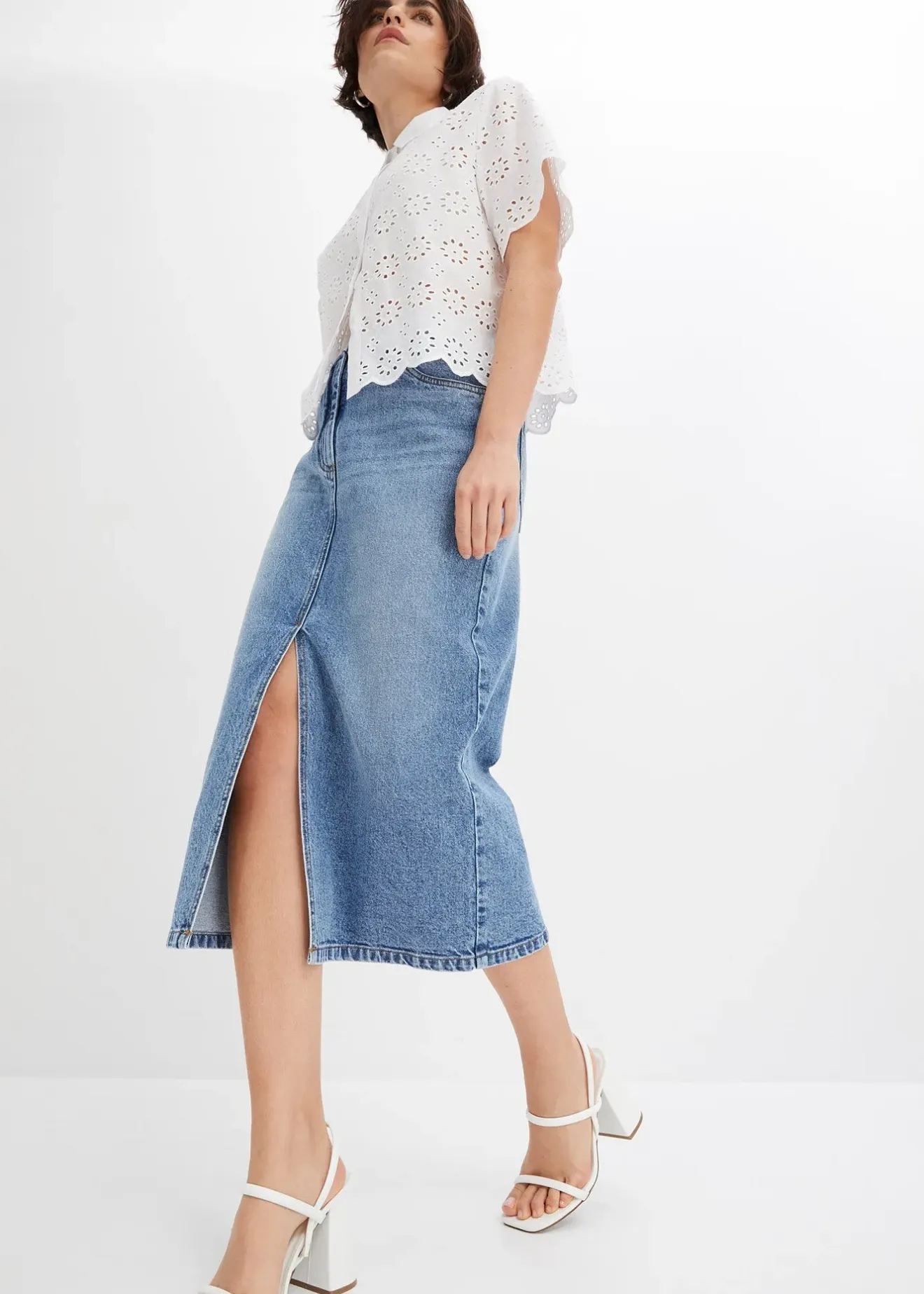 Femme bonprix Jupes|Jupe en jean fendue devant