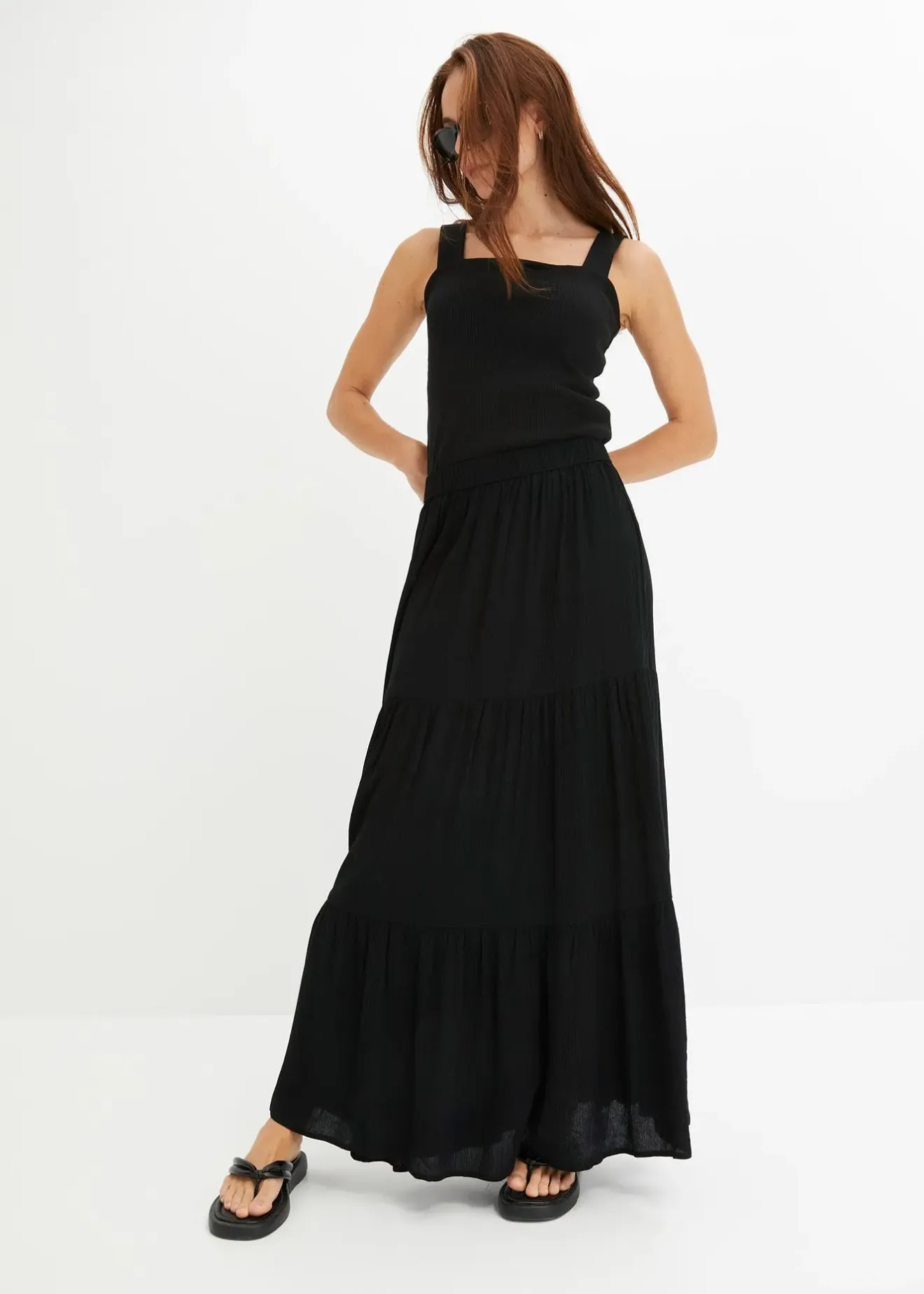 bonprix Jupe longue étagée en viscose texturée|Femme Jupes