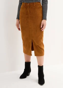 bonprix Jupe midi en velours côtelé, extensible|Femme Jupes