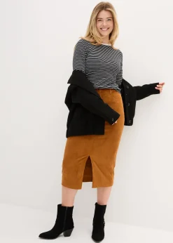 bonprix Jupe midi en velours côtelé, extensible|Femme Jupes