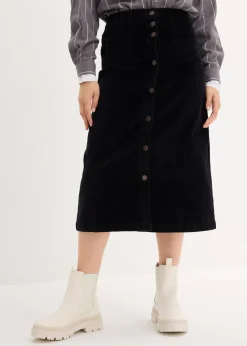 Femme bonprix Jupes|Jupe midi extensible en velours côtelé avec patte de boutonnage