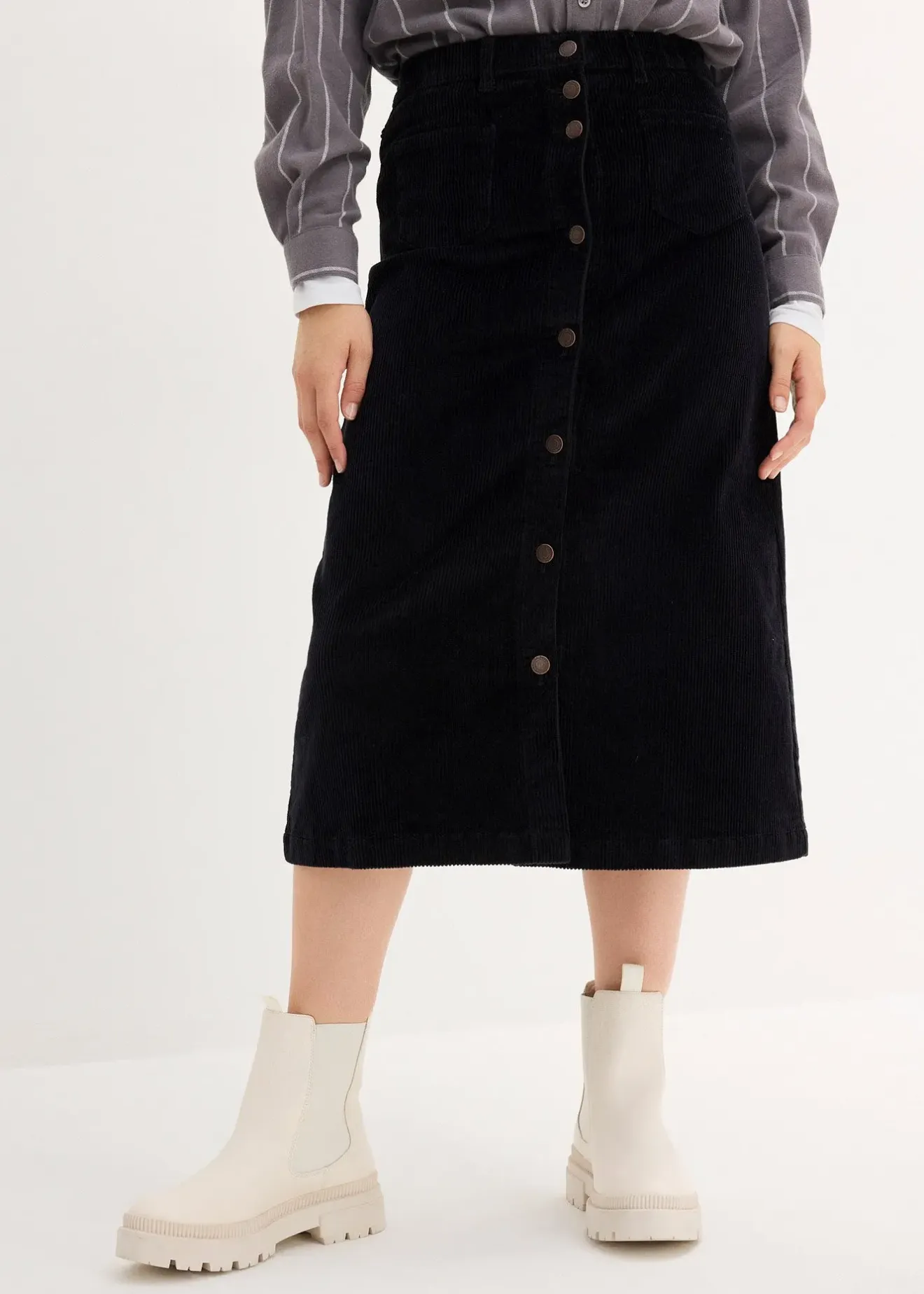 Femme bonprix Jupes|Jupe midi extensible en velours côtelé avec patte de boutonnage