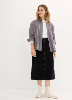 Femme bonprix Jupes|Jupe midi extensible en velours côtelé avec patte de boutonnage