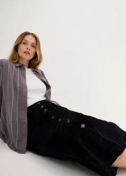 Femme bonprix Jupes|Jupe midi extensible en velours côtelé avec patte de boutonnage