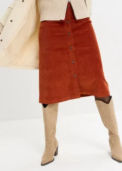 bonprix Jupe midi extensible en velours côtelé avec patte de boutonnage|Femme Jupes