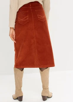 bonprix Jupe midi extensible en velours côtelé avec patte de boutonnage|Femme Jupes