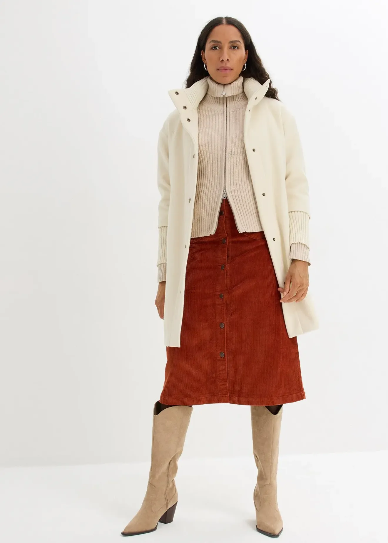 bonprix Jupe midi extensible en velours côtelé avec patte de boutonnage|Femme Jupes