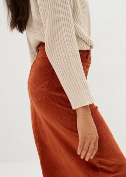 bonprix Jupe midi extensible en velours côtelé avec patte de boutonnage|Femme Jupes