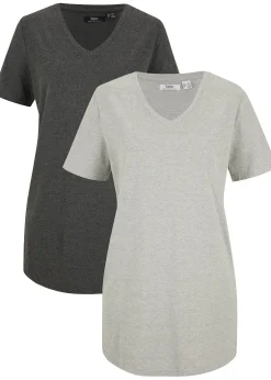 bonprix Lot de 2 T-shirts longs col V|Femme Basiques|T-Shirts & Tops