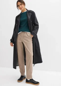 Femme bonprix Pantalons|Pantalon barrel en twill, taille mi-haute élastiquée