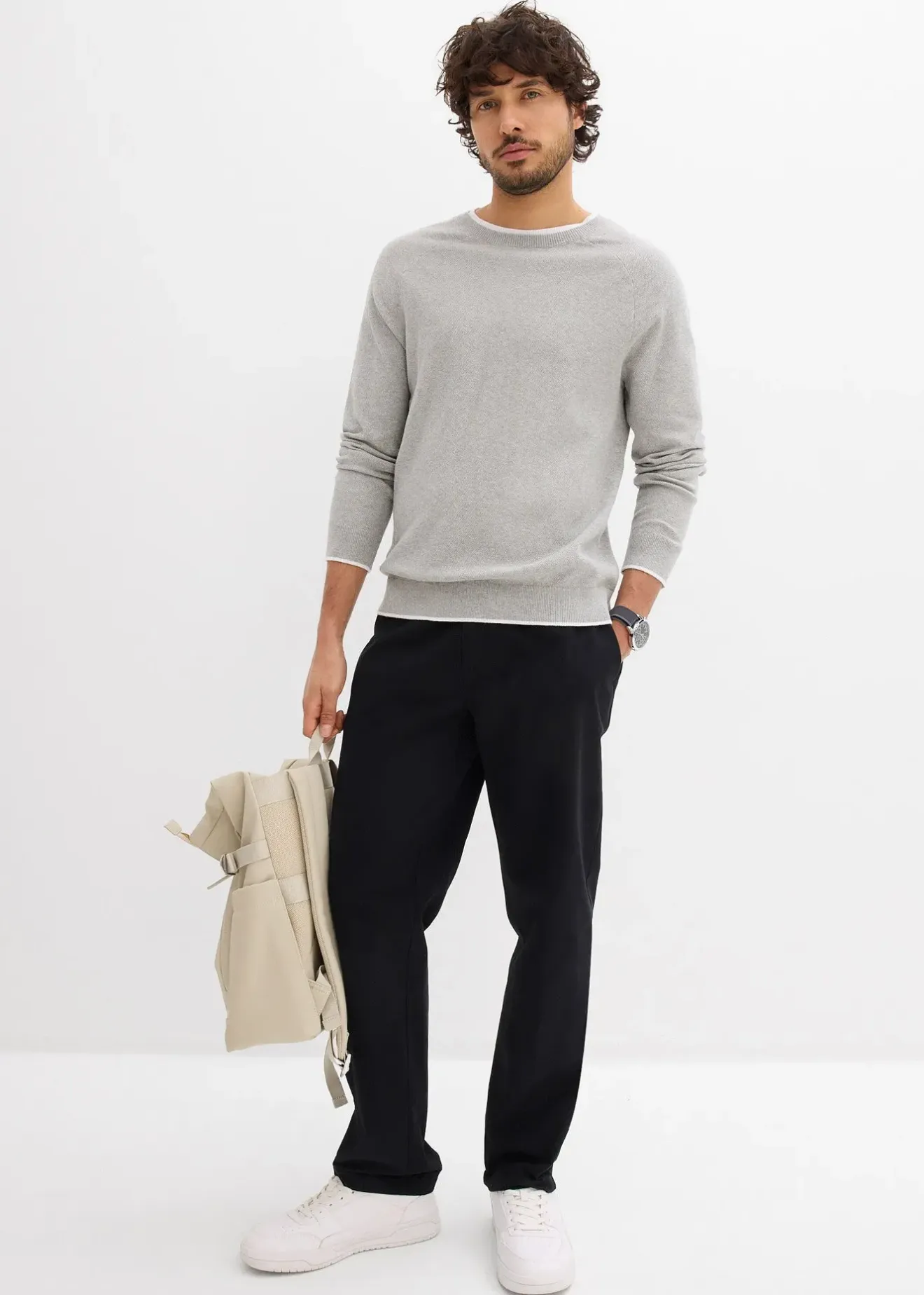 Homme bonprix Pantalons|Pantalon chino loose 100% coton, taille élastiquée