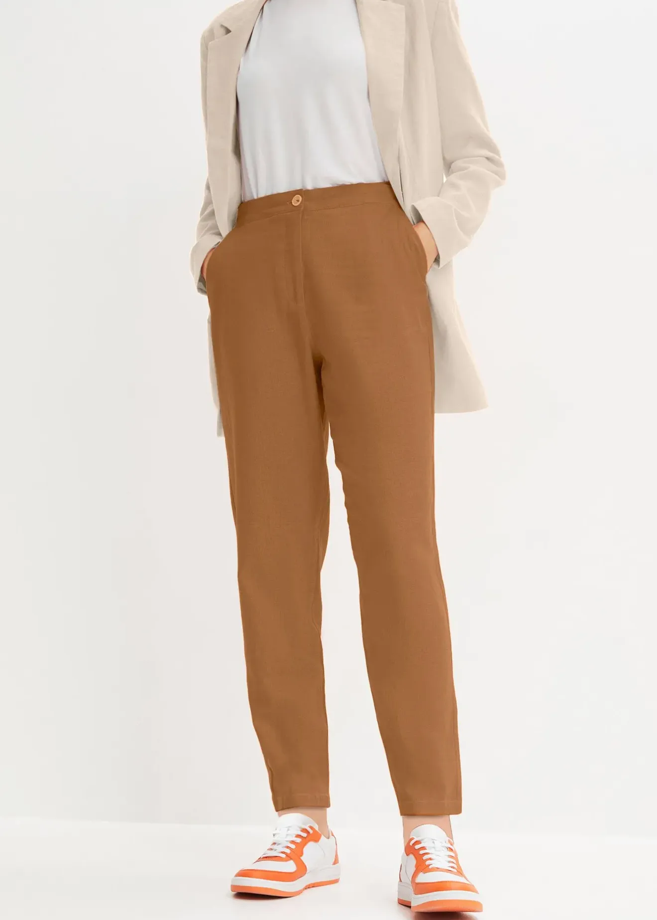 Femme bonprix Pantalons|Pantalon cropped taille haute en lin et viscose