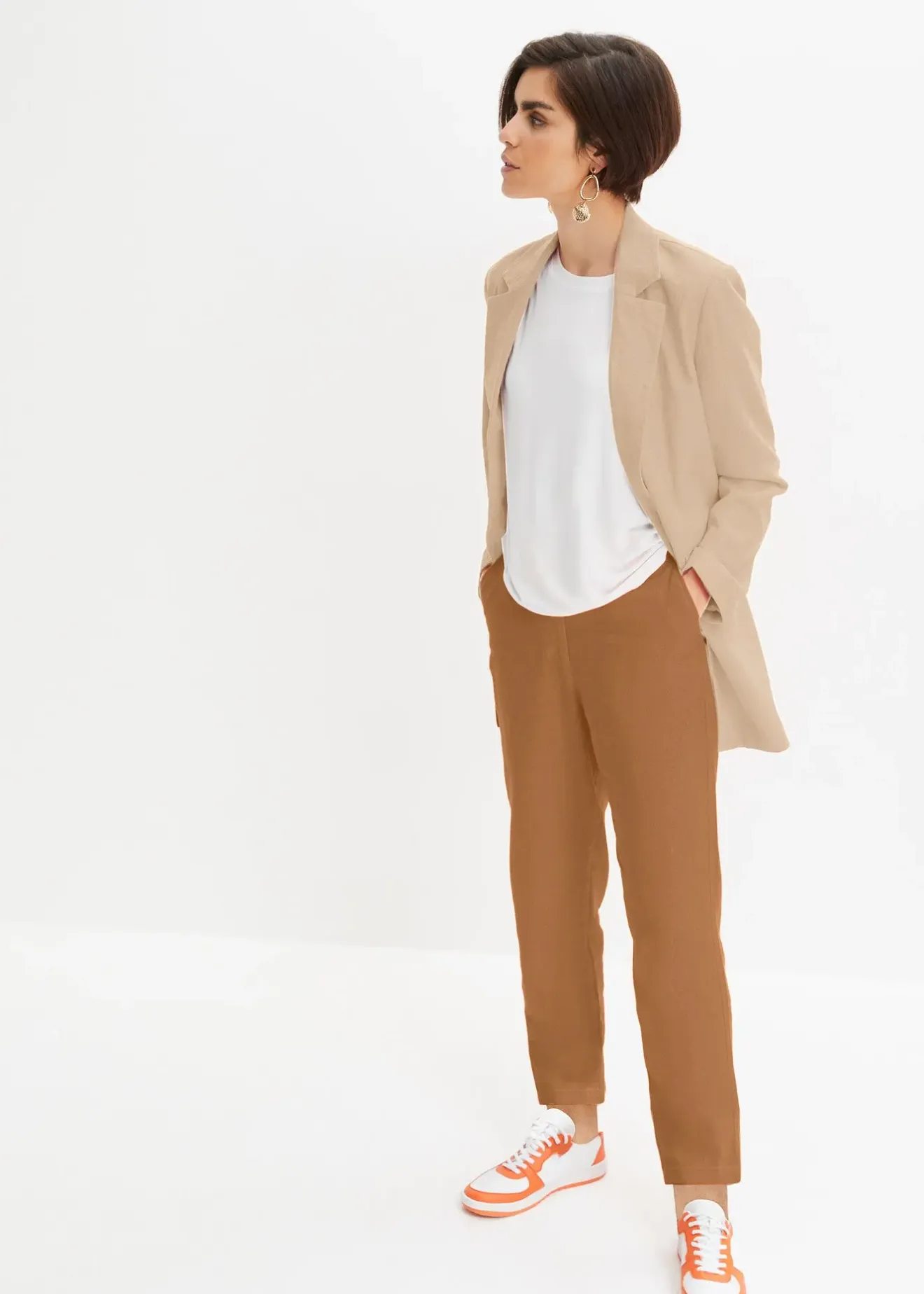 Femme bonprix Pantalons|Pantalon cropped taille haute en lin et viscose