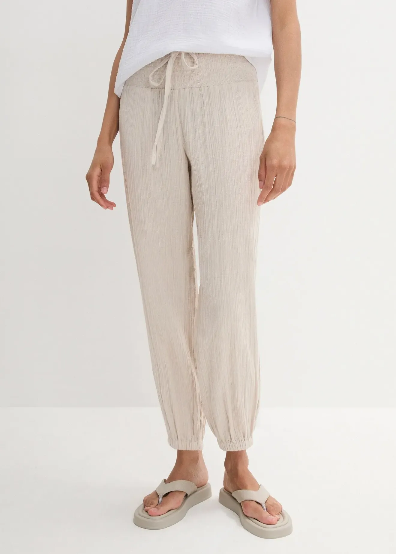 bonprix Pantalon en gaze de coton avec ceinture smockée|Femme Pantalons