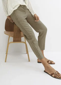 bonprix Pantalon en lin majoritaire avec empiècement de dentelle sur le côté, longueur cheville|Femme Pantalons