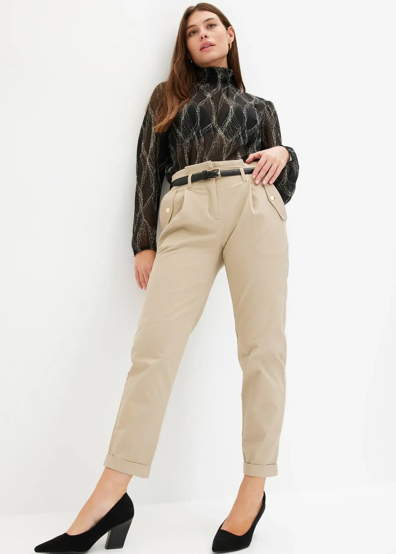 Femme bonprix Pantalons|Pantalon en twill léger, paper bag