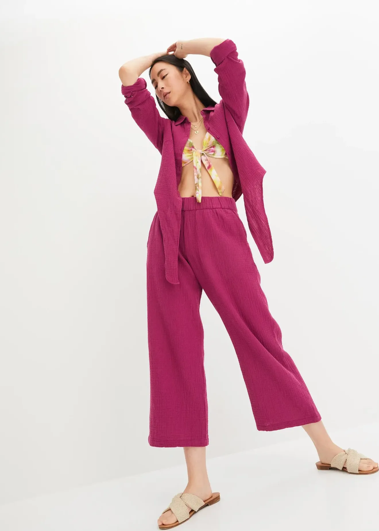 Femme bonprix Pantalons|Pantalon large à pinces en gaze de coton