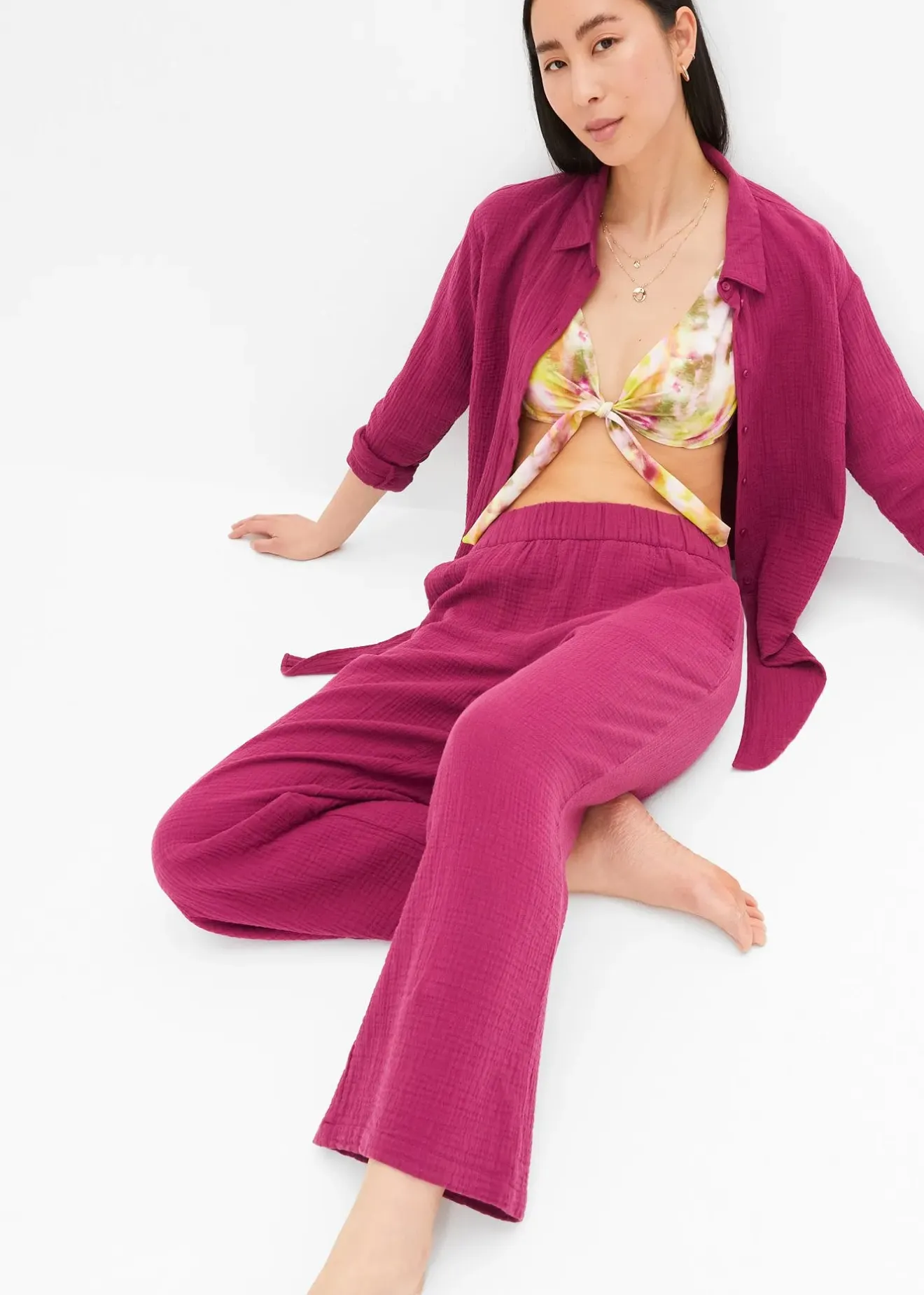 Femme bonprix Pantalons|Pantalon large à pinces en gaze de coton