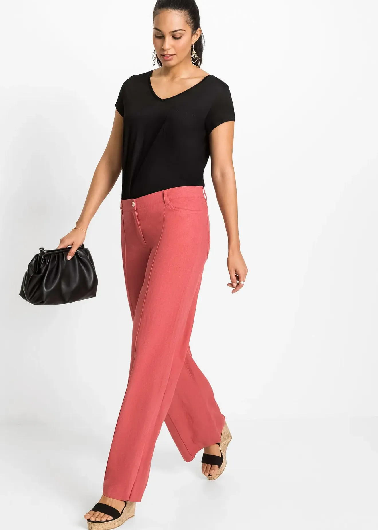 bonprix Pantalon palazzo léger en lin mélangé|Femme Pantalons|Tailles Petite