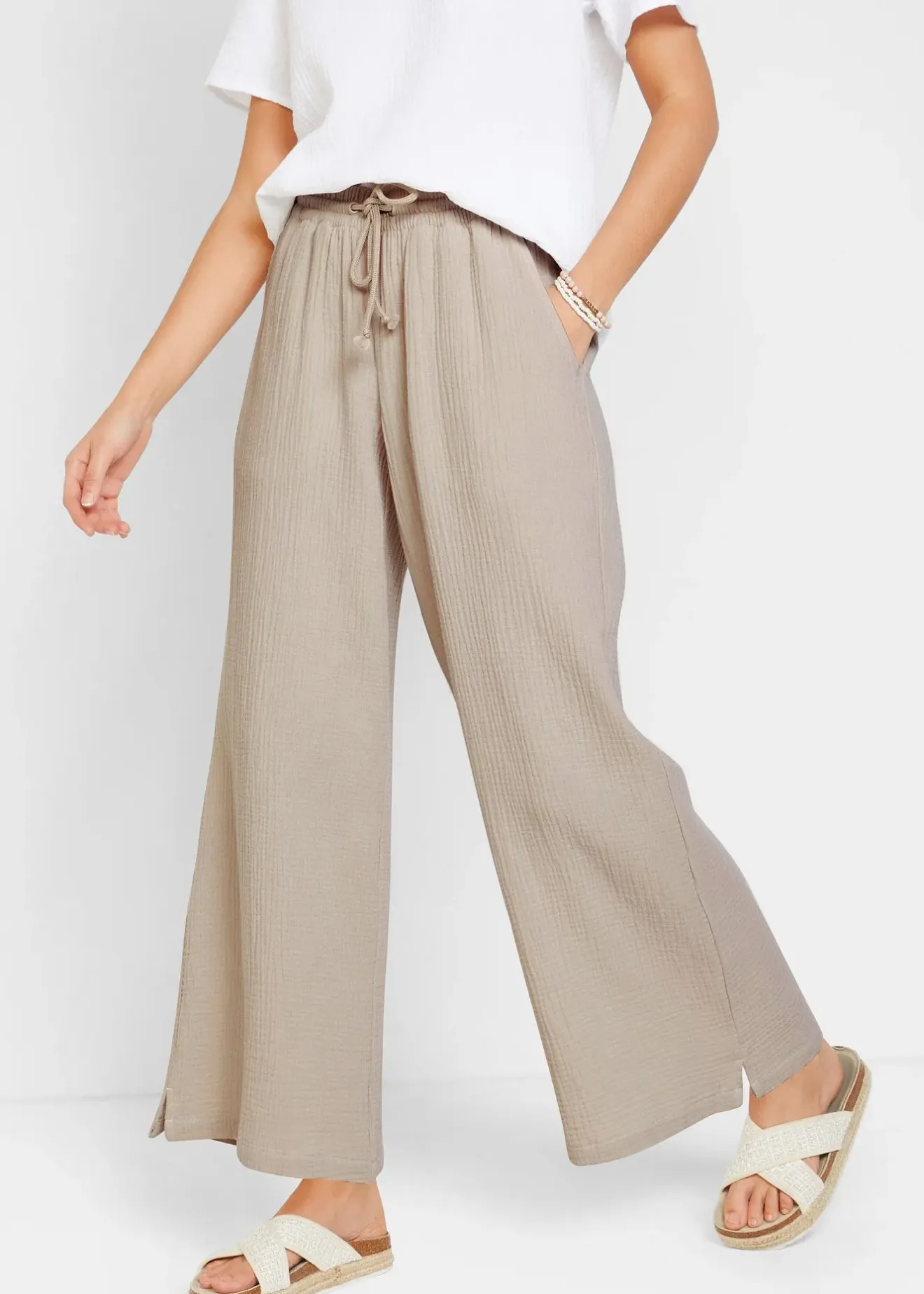 Femme bonprix Tailles Petite|Pantalon palazzo léger en gaze de coton
