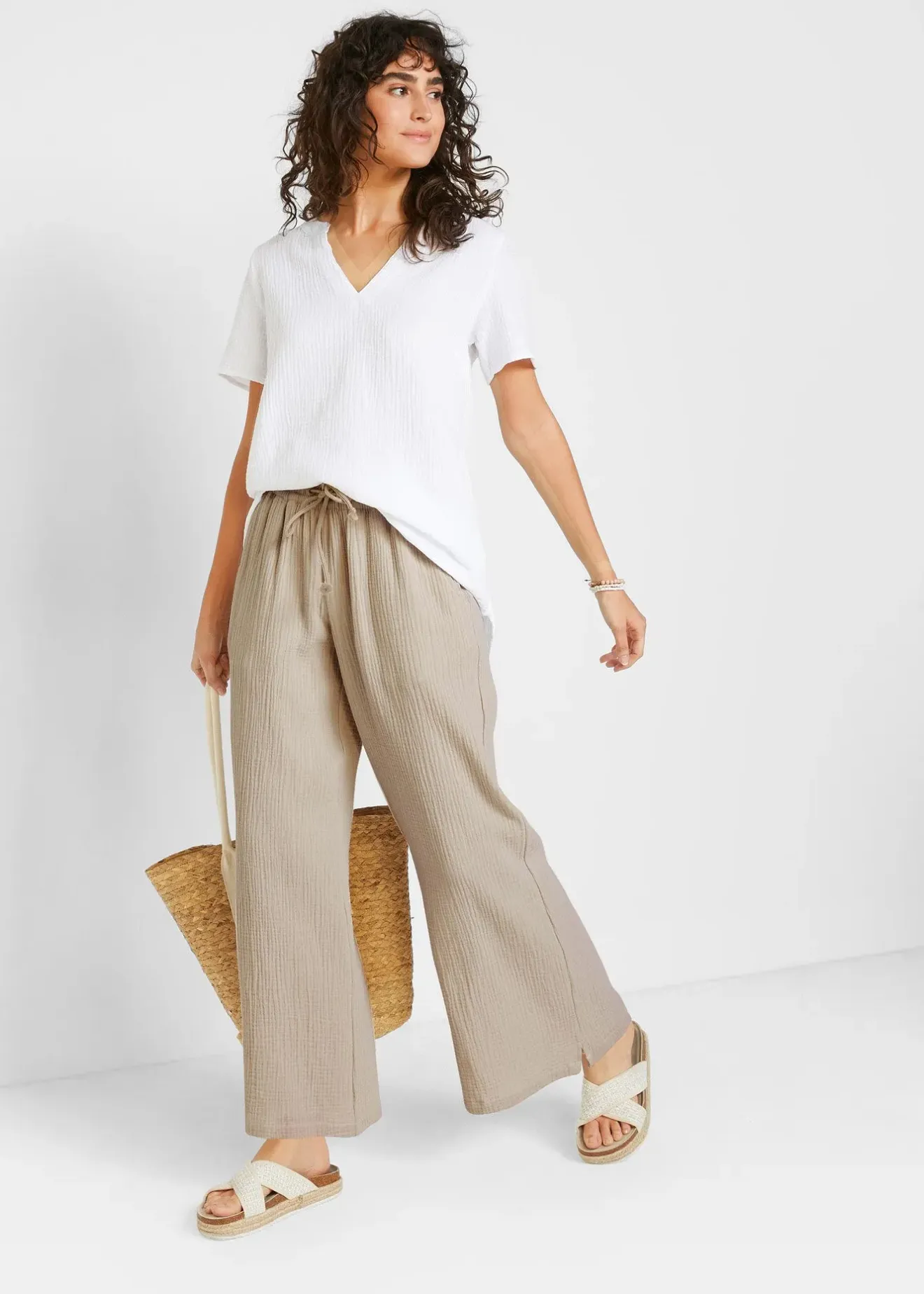 Femme bonprix Tailles Petite|Pantalon palazzo léger en gaze de coton