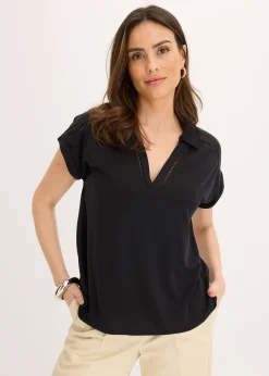 bonprix Polo en maille piquée de viscose avec empiècement en dentelle|Femme T-Shirts & Tops