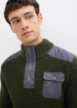 Homme bonprix Pulls & Gilets|Pull camionneur en grosse maille avec empiècements en tissu