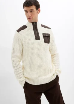 bonprix Pull camionneur en grosse maille avec empiècements en tissu|Homme Pulls & Gilets