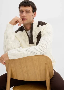 bonprix Pull camionneur en grosse maille avec empiècements en tissu|Homme Pulls & Gilets