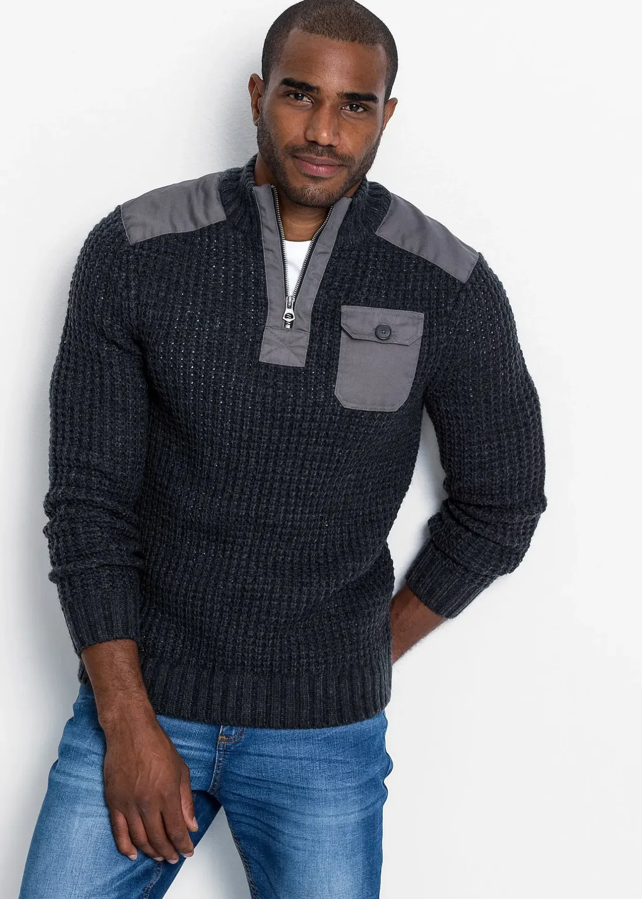 bonprix Pull camionneur en grosse maille avec empiècements en tissu|Homme Pulls & Gilets