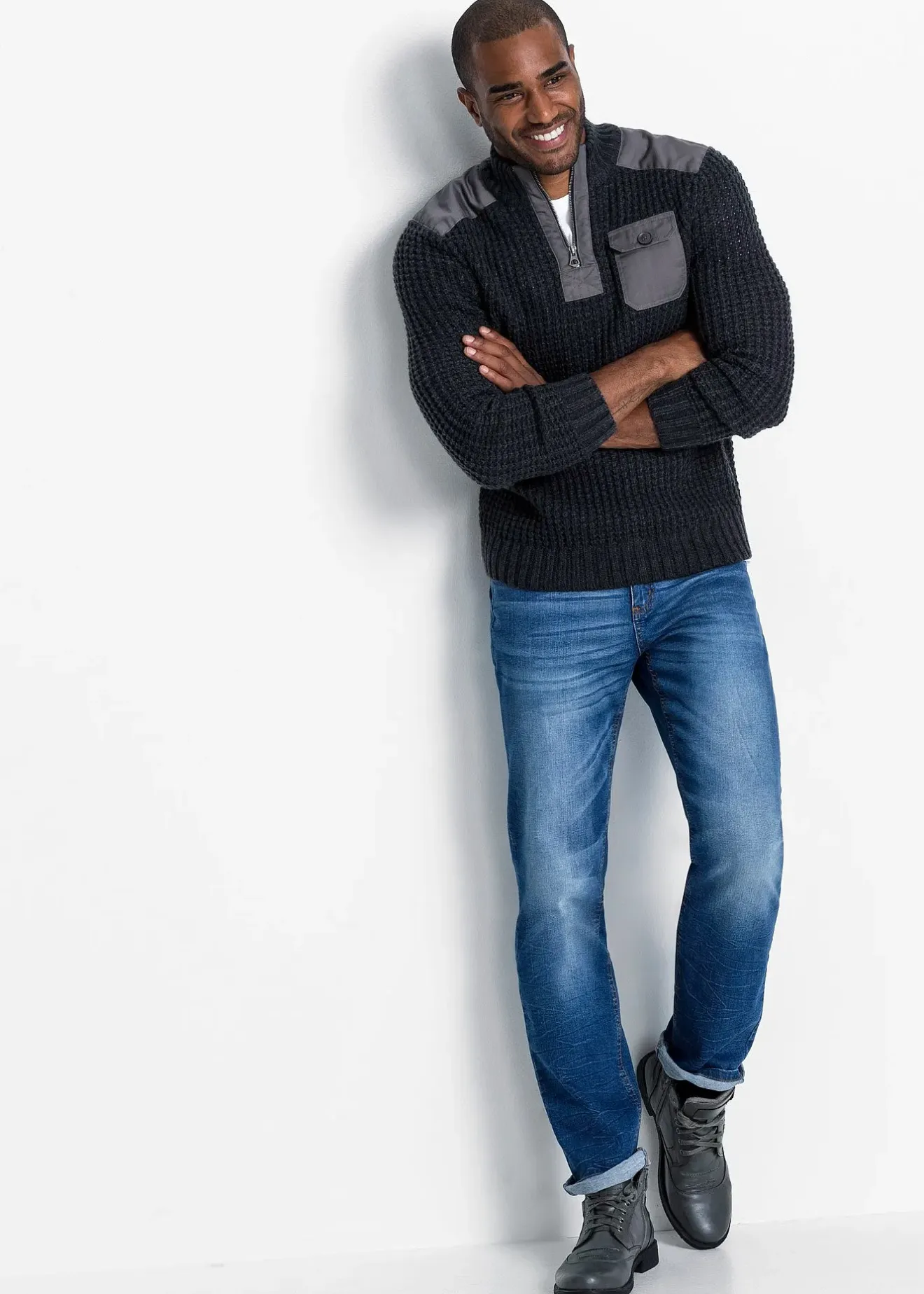 bonprix Pull camionneur en grosse maille avec empiècements en tissu|Homme Pulls & Gilets