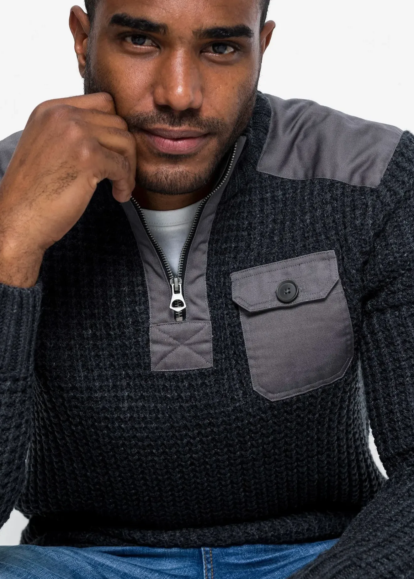 bonprix Pull camionneur en grosse maille avec empiècements en tissu|Homme Pulls & Gilets