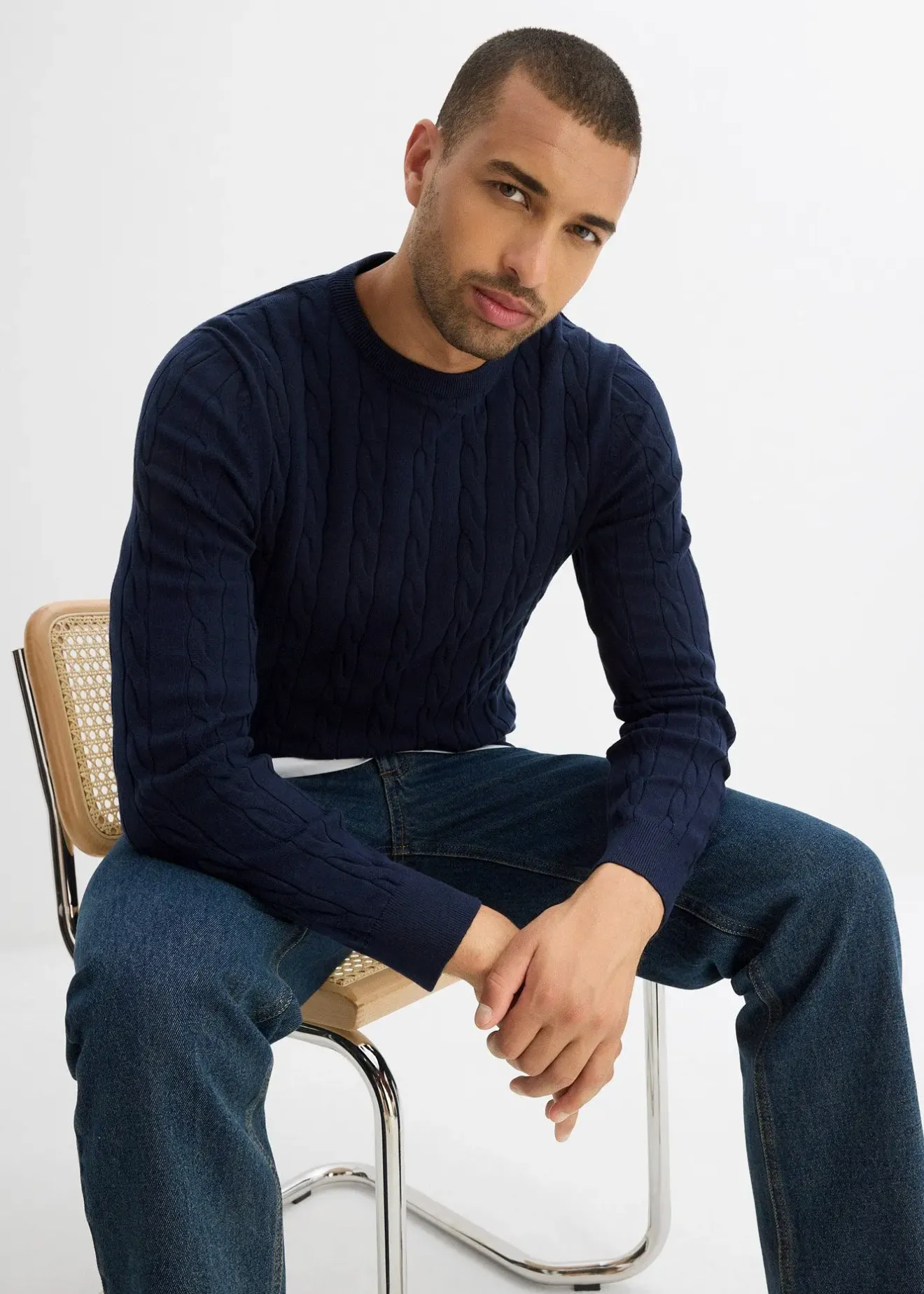 Homme bonprix Pulls & Gilets|Pull doux à torsades en fine maille de coton majoritaire, slim