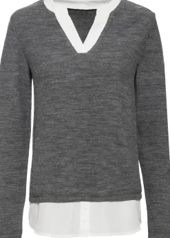 Femme bonprix Maille|Pulls & Gilets|Pull en fine maille avec empiècement chemisier