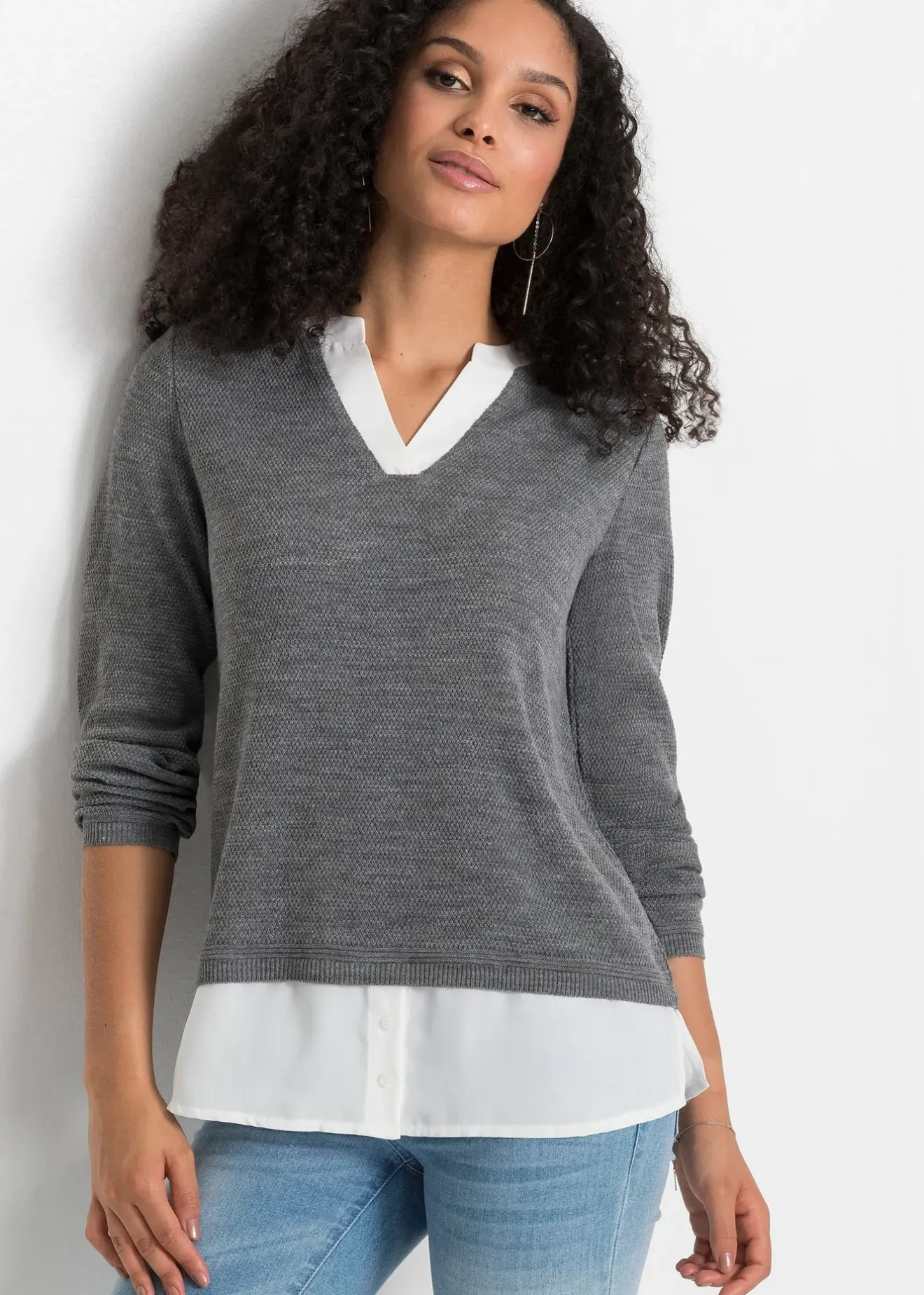 Femme bonprix Maille|Pulls & Gilets|Pull en fine maille avec empiècement chemisier