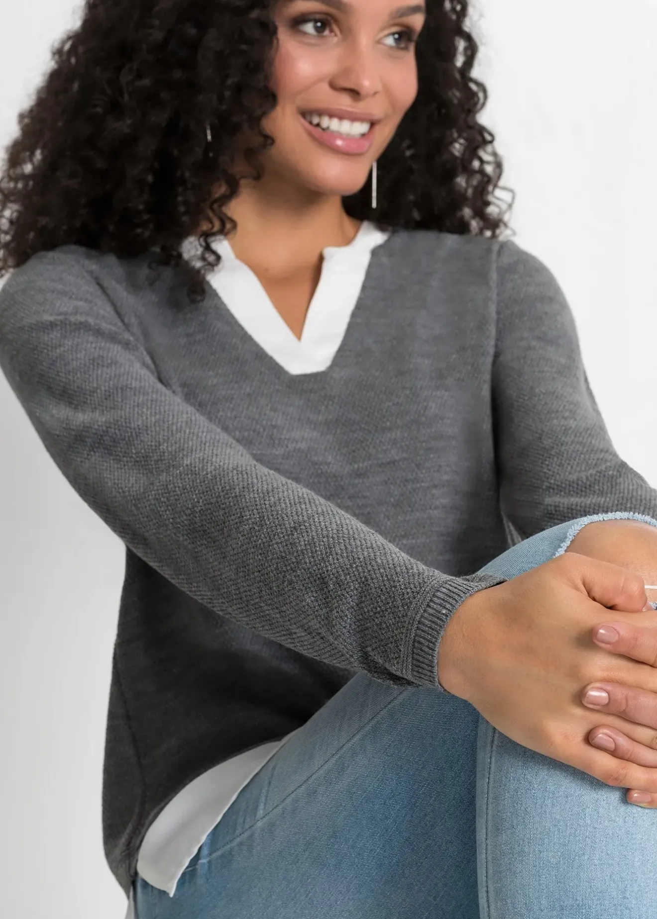 Femme bonprix Maille|Pulls & Gilets|Pull en fine maille avec empiècement chemisier