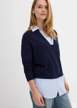 bonprix Pull en fine maille empiècement chemisier|Femme Maille|Pulls & Gilets