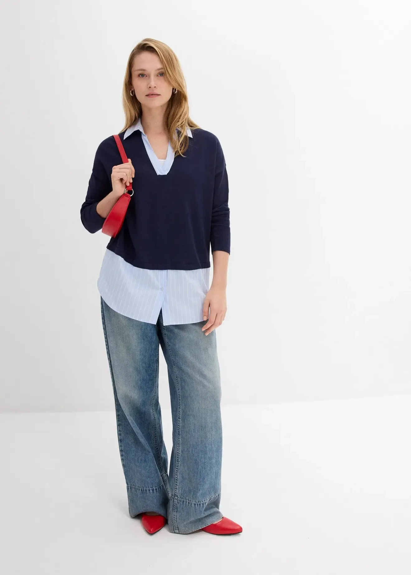 bonprix Pull en fine maille empiècement chemisier|Femme Maille|Pulls & Gilets