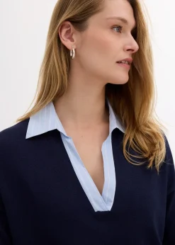 bonprix Pull en fine maille empiècement chemisier|Femme Maille|Pulls & Gilets