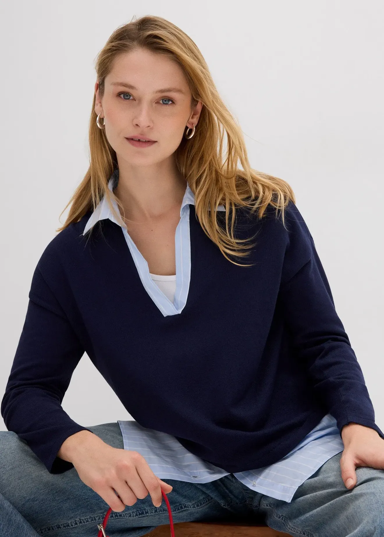 bonprix Pull en fine maille empiècement chemisier|Femme Maille|Pulls & Gilets