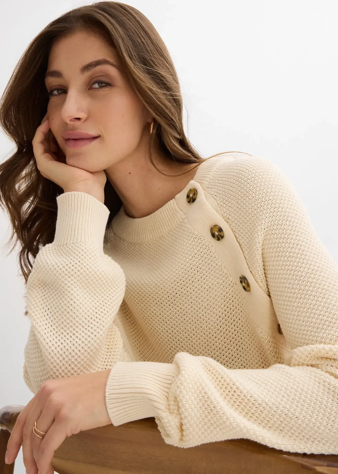 bonprix Pull en grosse maille avec patte de boutonnage|Femme Maille|Pulls & Gilets