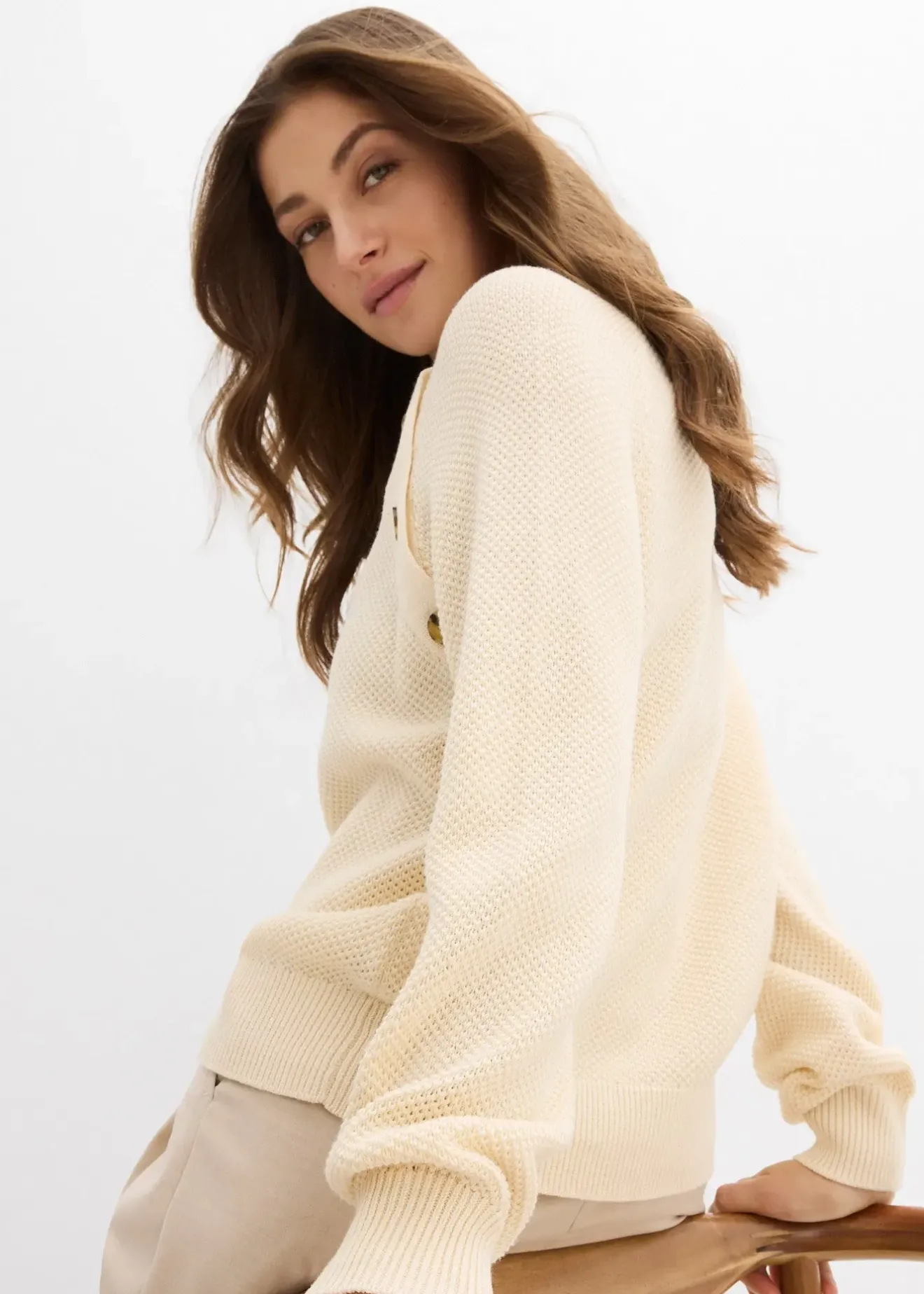 bonprix Pull en grosse maille avec patte de boutonnage|Femme Maille|Pulls & Gilets